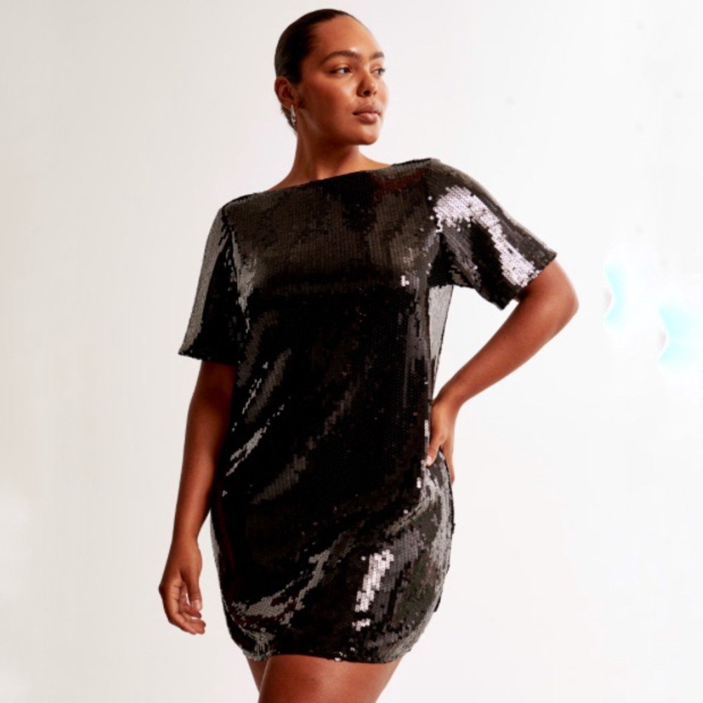 Abercrombie & Fitch Black Sequin Tee Shift Mini Dress Size XL P Short Sleeves